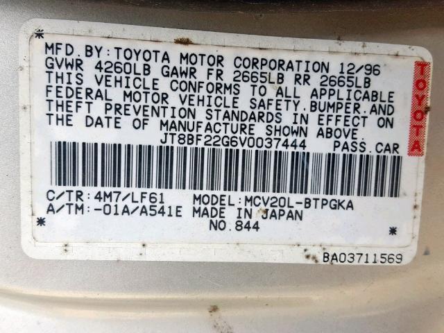 JT8BF22G6V0037444 - 1997 LEXUS ES 300 TAN photo 10