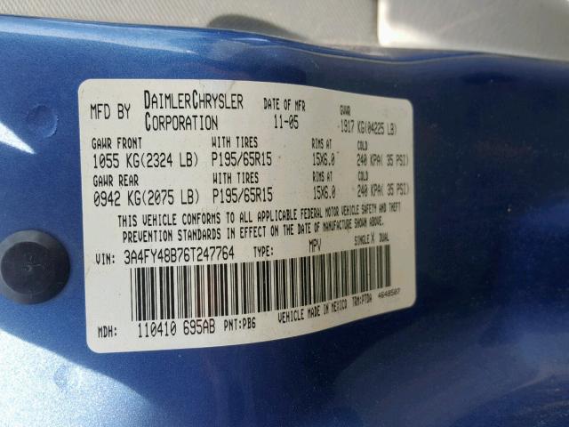 3A4FY48B76T247764 - 2006 CHRYSLER PT CRUISER BLUE photo 10