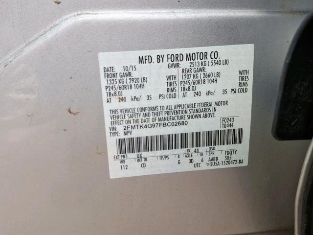 2FMTK4G97FBC02680 - 2015 FORD EDGE SE SILVER photo 10