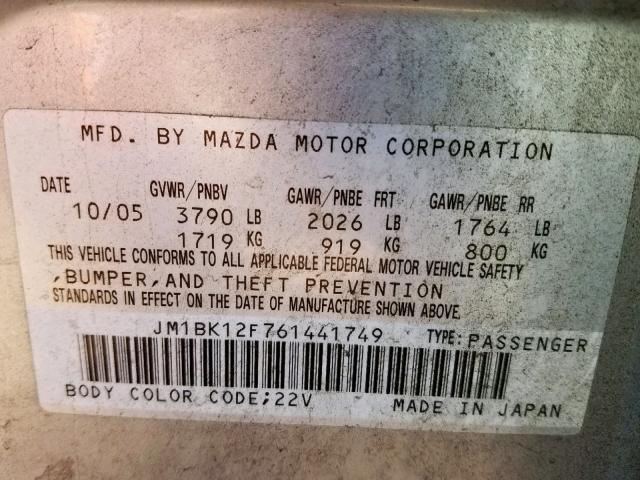 JM1BK12F761441749 - 2006 MAZDA 3 I SILVER photo 10