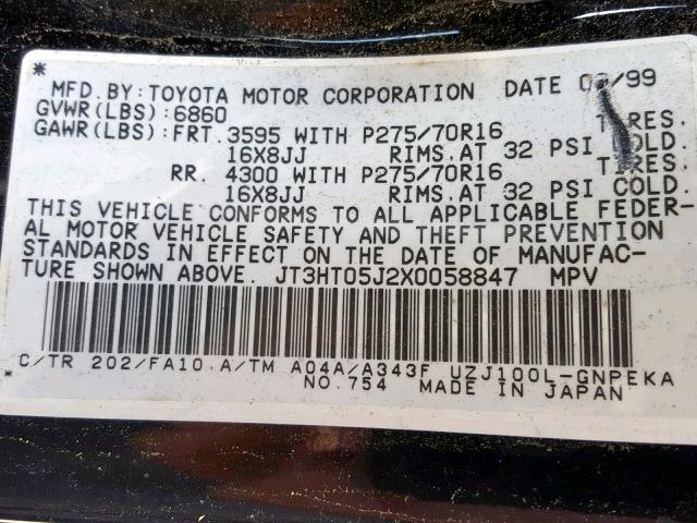 JT3HT05J2X0058847 - 1999 TOYOTA LAND CRUIS BLACK photo 10