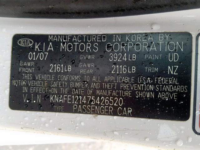 KNAFE121475426520 - 2007 KIA SPECTRA EX WHITE photo 10