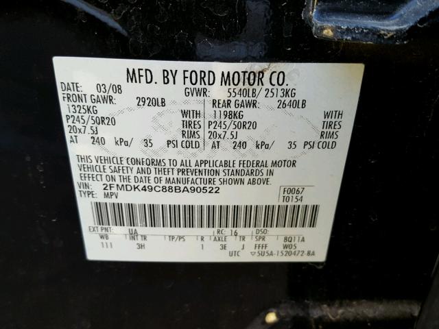 2FMDK49C88BA90522 - 2008 FORD EDGE LIMIT BLACK photo 10