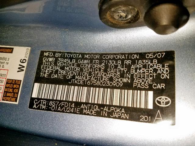 JTKDE167580230909 - 2008 TOYOTA SCION TC ლურჯი ფოტო 10