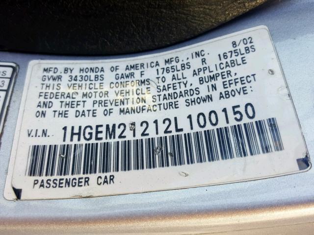 1HGEM21212L100150 - 2002 HONDA CIVIC DX SILVER photo 10