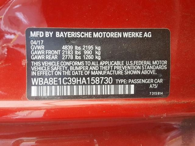 WBA8E1C39HA158730 - 2017 BMW 330E RED photo 10