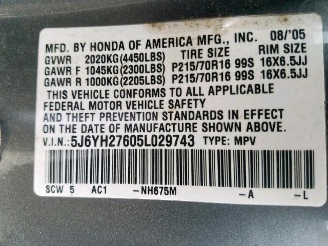 5J6YH27605L029743 - 2005 HONDA ELEMENT EX GRAY photo 10