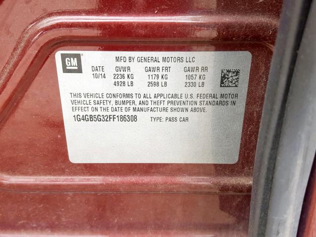 1G4GB5G32FF186308 - 2015 BUICK LACROSSE BURGUNDY photo 10