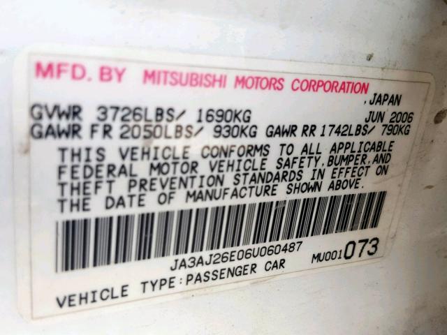 JA3AJ26E06U060487 - 2006 MITSUBISHI LANCER ES WHITE photo 10