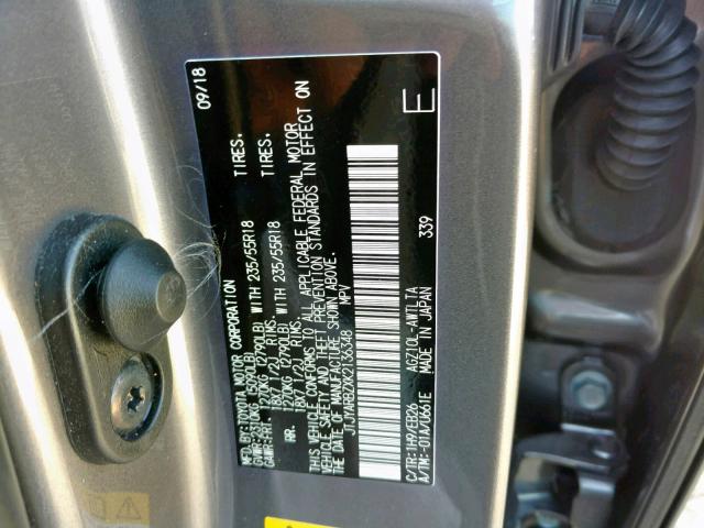 JTJYARBZXK2136348 - 2019 LEXUS NX 300 GRAY photo 10