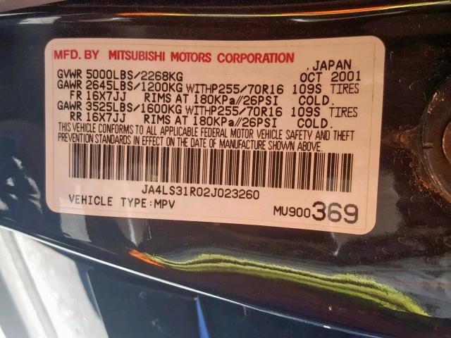 JA4LS31R02J023260 - 2002 MITSUBISHI MONTERO SP BLACK photo 10