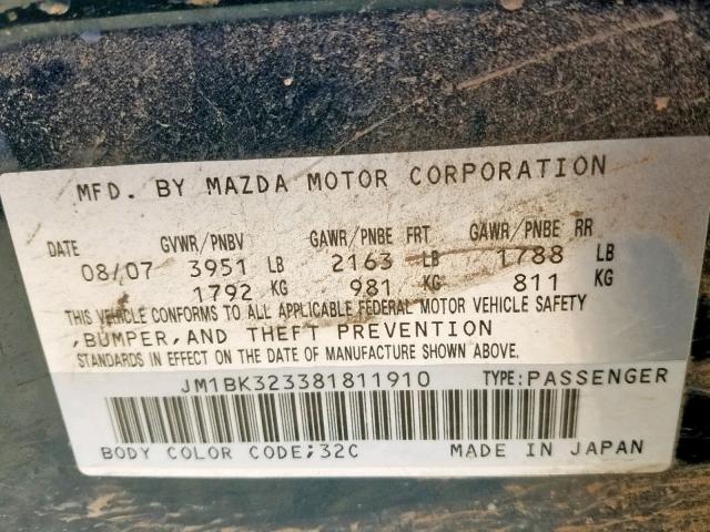 JM1BK323381811910 - 2008 MAZDA 3 S BLUE photo 10