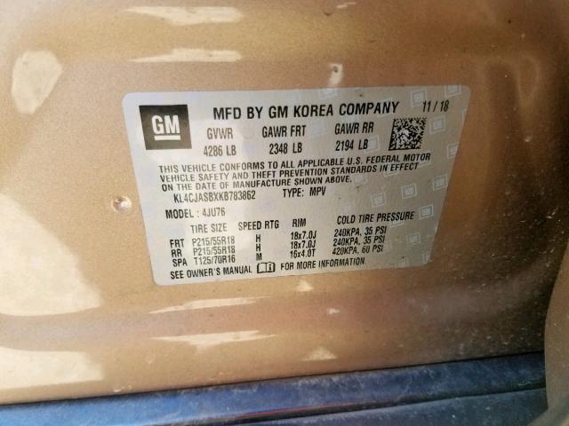 KL4CJASBXKB783862 - 2019 BUICK ENCORE PRE BROWN photo 10