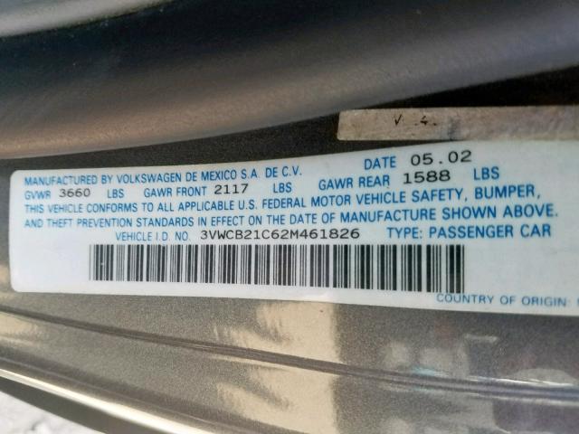 3VWCB21C62M461826 - 2002 VOLKSWAGEN NEW BEETLE ნაცრისფერი ფოტო 10