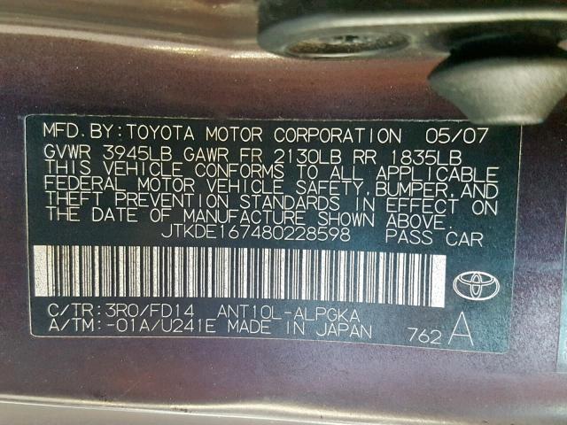 JTKDE167480228598 - 2008 TOYOTA SCION TC იასამნისფერი ფოტო 10