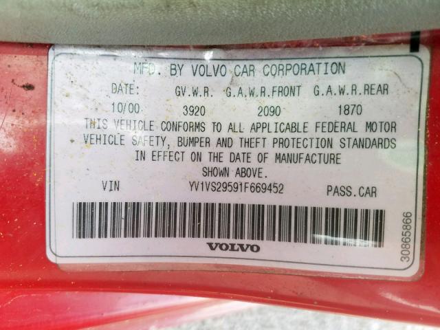 YV1VS29591F669452 - 2001 VOLVO S40 1.9T RED photo 10