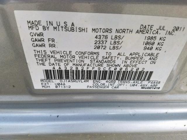 4A32B2FF9CE006202 - 2012 MITSUBISHI GALANT FE SILVER photo 10