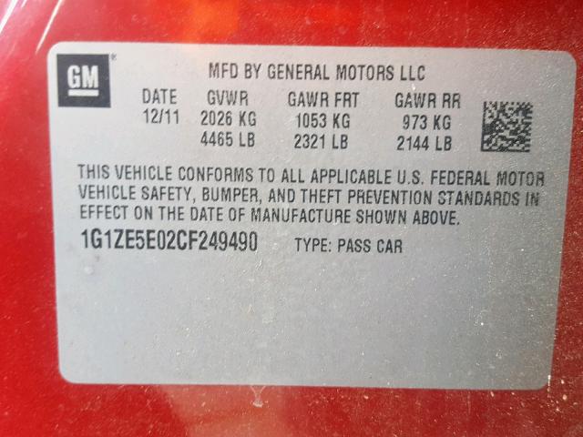 1G1ZE5E02CF249490 - 2012 CHEVROLET MALIBU LTZ წითელი ფოტო 10