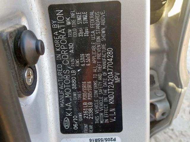 KNDJT2A20A7704280 - 2010 KIA SOUL SILVER photo 10