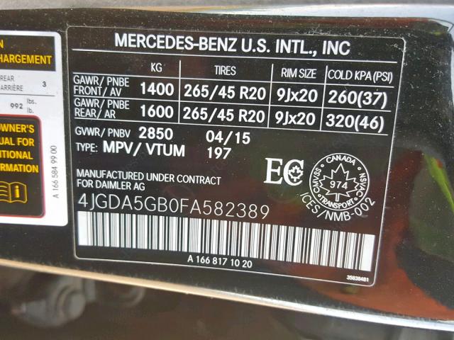 4JGDA5GB0FA582389 - 2015 MERCEDES-BENZ ML 400 4MA BLACK photo 10