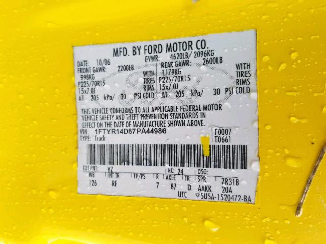 1FTYR14D87PA44986 - 2007 FORD RANGER SUP YELLOW photo 10