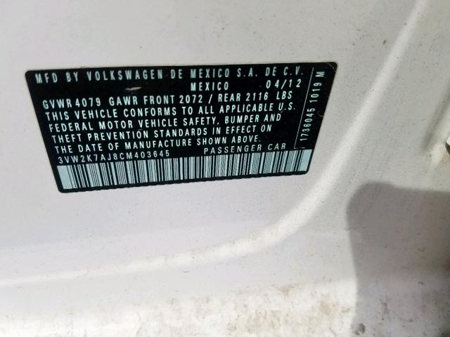 3VW2K7AJ8CM403645 - 2012 VOLKSWAGEN JETTA BASE 白色 照片 10