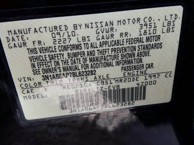 3N1AB6AP7BL623282 - 2011 NISSAN SENTRA 2.0 BLACK photo 10