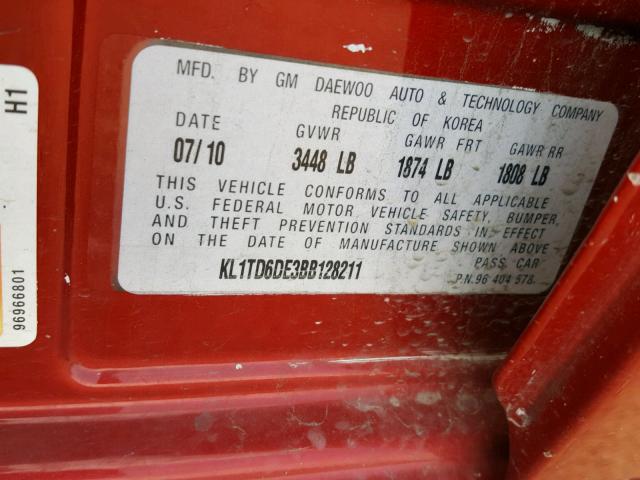 KL1TD6DE3BB128211 - 2011 CHEVROLET AVEO LS RED photo 10