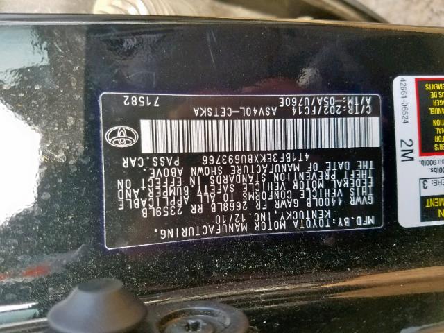 4T1BF3EKXBU693766 - 2011 TOYOTA CAMRY BASE BLACK photo 10