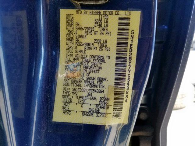 5N1ED28Y7YC543884 - 2000 NISSAN XTERRA XE BLUE photo 10