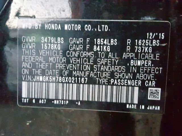 JHMGK5H78GX021167 - 2016 HONDA FIT EX BLACK photo 10