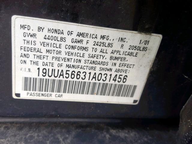 19UUA56631A031456 - 2001 ACURA 3.2TL BLACK photo 10