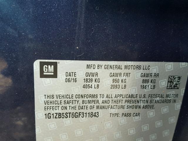 1G1ZB5ST6GF311843 - 2016 CHEVROLET MALIBU LS 蓝色 照片 10