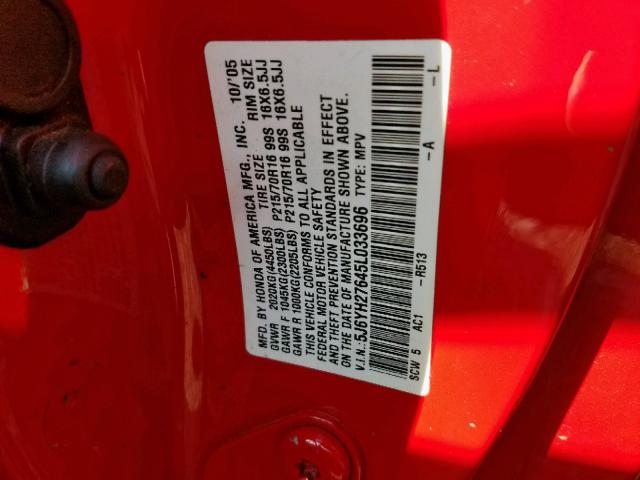 5J6YH27645L033696 - 2005 HONDA ELEMENT EX RED photo 10