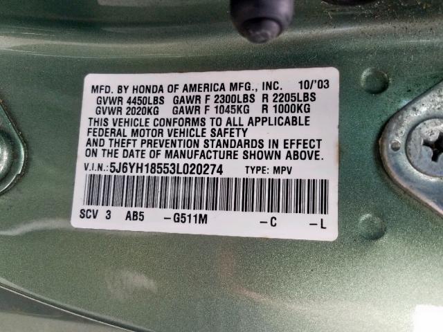 5J6YH18553L020274 - 2003 HONDA ELEMENT EX GREEN photo 10