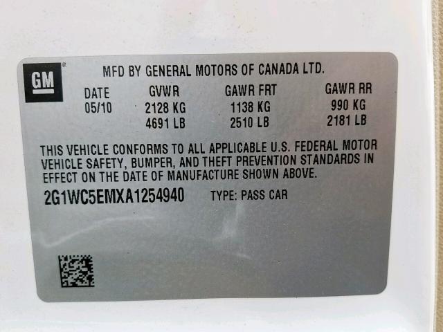 2G1WC5EMXA1254940 - 2010 CHEVROLET IMPALA LTZ WHITE photo 10