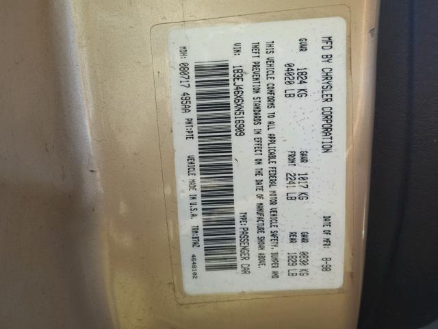 1B3EJ46X6XN516909 - 1999 DODGE STRATUS BEIGE photo 10