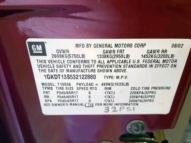 1GKDT13S532122880 - 2003 GMC ENVOY RED photo 10