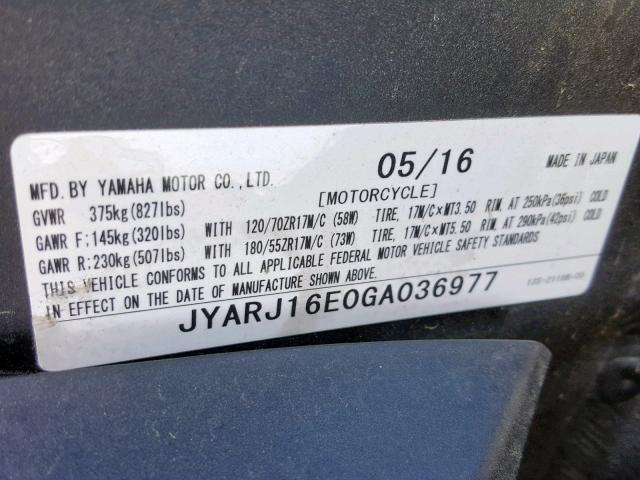 JYARJ16E0GA036977 - 2016 YAMAHA YZFR6 BLUE photo 10