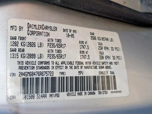 2A4GM68476R675723 - 2006 CHRYSLER PACIFICA T SILVER photo 10