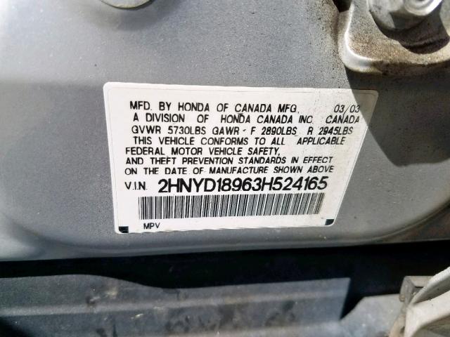 2HNYD18963H524165 - 2003 ACURA MDX TOURIN SILVER photo 10