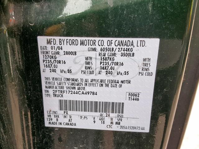 2FTRF17244CA49784 - 2004 FORD F-150 HERI GREEN photo 10