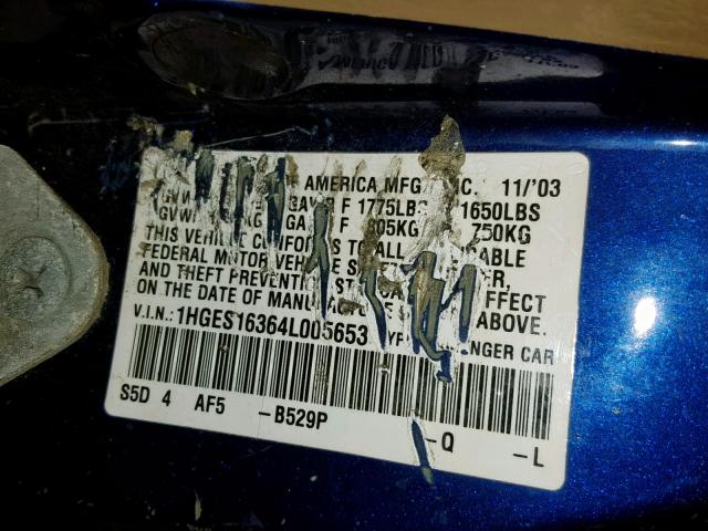 1HGES16364L005653 - 2004 HONDA CIVIC DX V BLUE photo 10