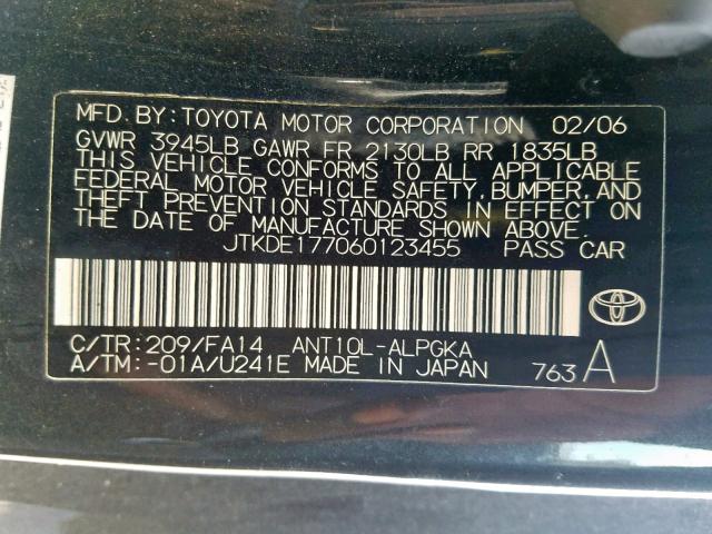 JTKDE177060123455 - 2006 TOYOTA SCION TC შავი ფოტო 10