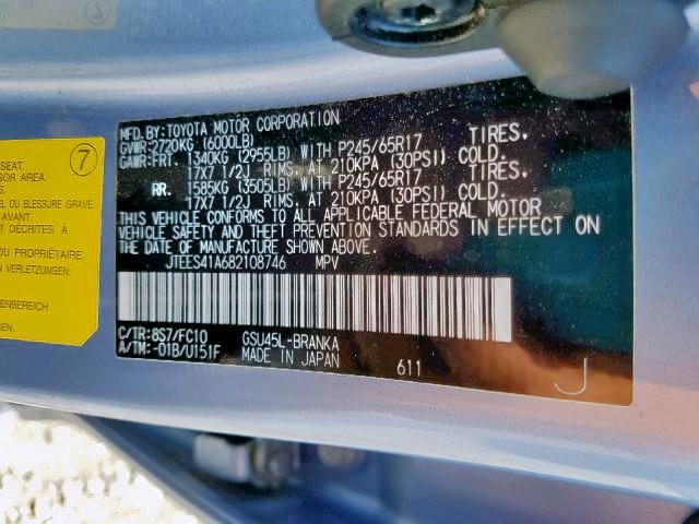 JTEES41A682108746 - 2008 TOYOTA HIGHLANDER BLUE photo 10