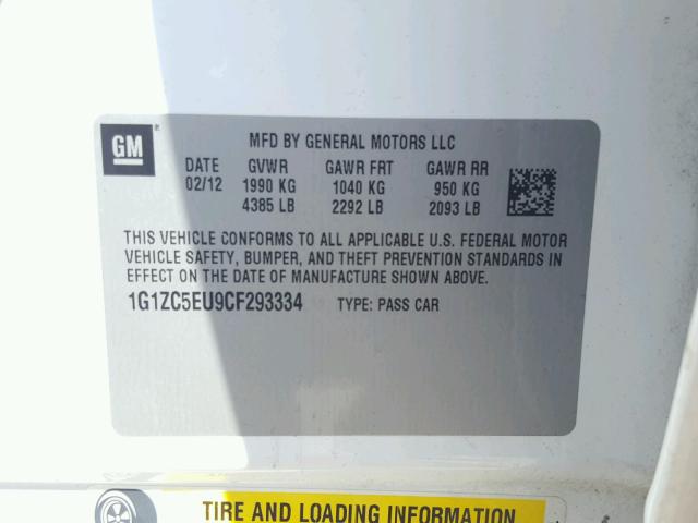 1G1ZC5EU9CF293334 - 2012 CHEVROLET MALIBU 1LT 白色 照片 10