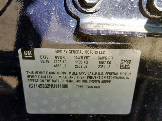 1G1145S32HU111000 - 2017 CHEVROLET IMPALA PRE BLUE photo 10