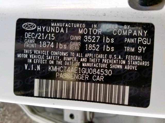 KMHCT4AE1GU084530 - 2016 HYUNDAI ACCENT SE WHITE photo 10