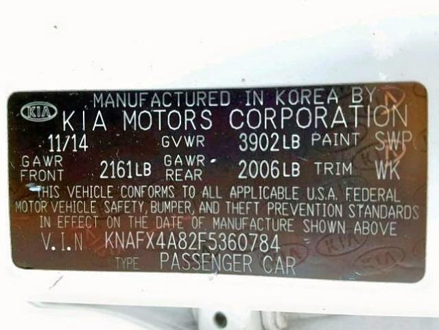 KNAFX4A82F5360784 - 2015 KIA FORTE EX WHITE photo 10