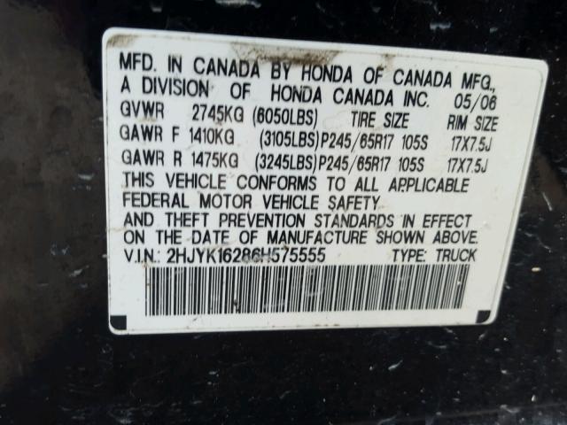 2HJYK16286H575555 - 2006 HONDA RIDGELINE BLACK photo 10